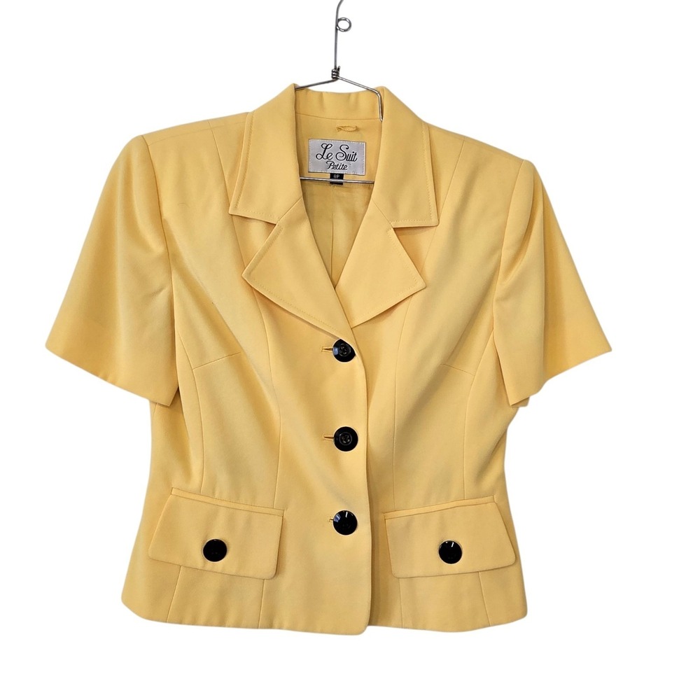 Le Suit‎ Petite Yellow Short Sleeve Blazer Jacket Size 8P Black Buttons Career